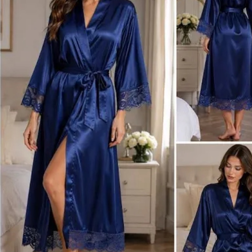 Babeyond Luxurious Satin Navy Lace-Trim Robe with Black Belt